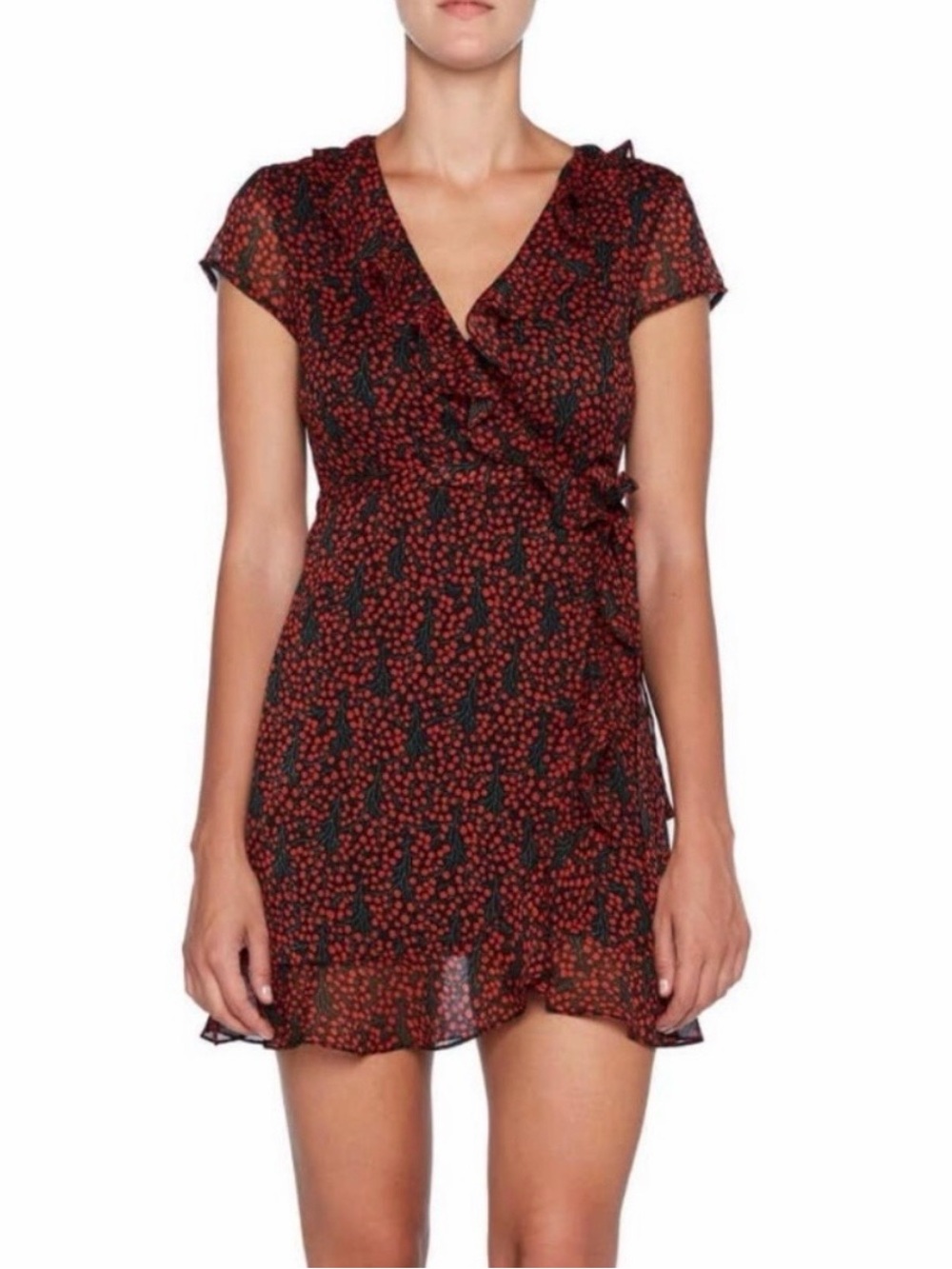 Bardot Tomato Girl Cherry Print Short Sleeve Ruffle Faux Wrap Mini Dress Size 6
